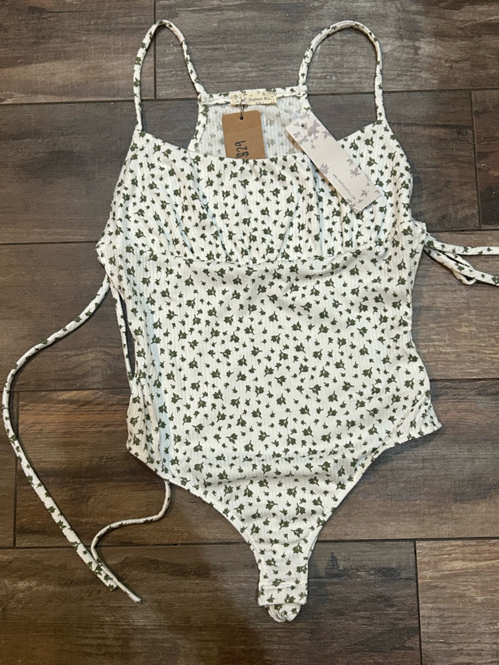 Floral Tie-Back Square Neck Bodysuit in Cream and Olive